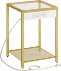 HOOBRO Side Table with Charging Station, End Table with USB Port, Nightstand for Tight Spaces, Tempered Glass, Modern Metal Frame, for Office, Bedroom, Living Room, Study, Gold GD76UBZ01