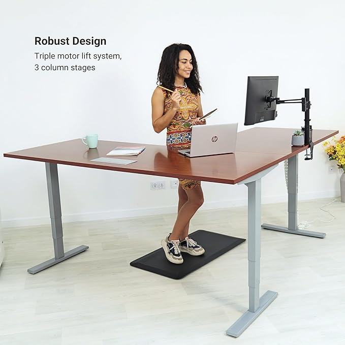 Progressive Desk Height Adjustable Computer Standing Desk - L Shaped 70" x 55" Corner Electric Stand Up Rising Workstation - Bright Beech, Gray Frame