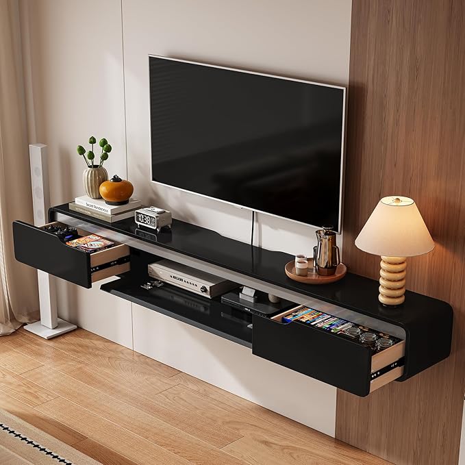 Fully-Assembled Floating TV Stand with Drawers, 47IN High Gloss Wall Mounted Entertainment Center, Modern Media Console with Storage, Under TV Shelf for Bedroom Living Room Black