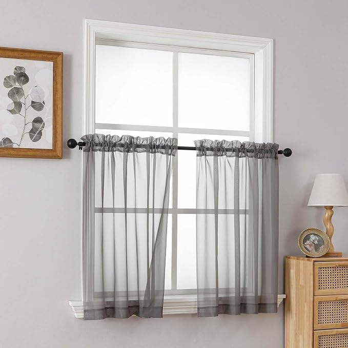 Grey Small Sheer Curtains Tier 24 Inches Length 2 Pieces, Light Filtering Cafe - Image 8