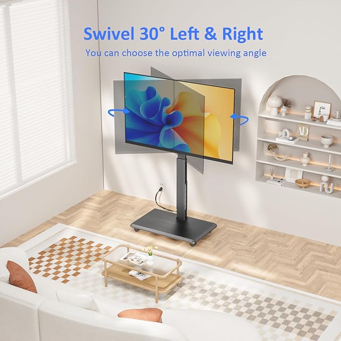 Rolling TV Stand with Power Outlet, Mobile TV Stand for 32-75 Inch TVs up to 110 lbs, 30° Swivel TV Floor Stand, 18 Adjustable Heights, TV Cart on Wheels for Bedroom, Office, Outdoor, Black