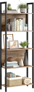 VASAGLE 5-Tier Bookshelf, Book Shelf, Industrial Bookcase, with Steel Frame, for Living Room, Home Office, Bedroom, 9.4 x 24.4 x 65 Inches, Camel Brown and Black ULLS025B50