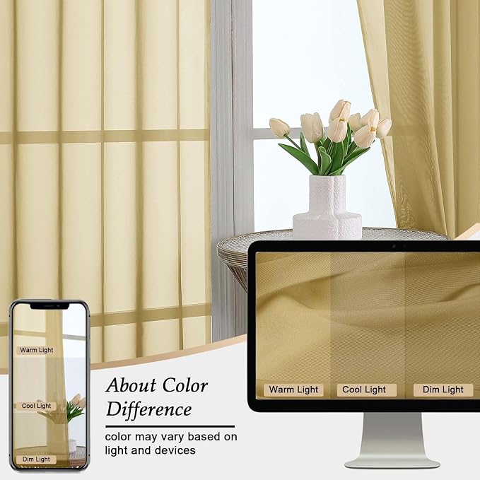 Extra Long Gold Sheer Curtains for Bedroom Living Room 108 Inches Long 2 Panels - Image 7