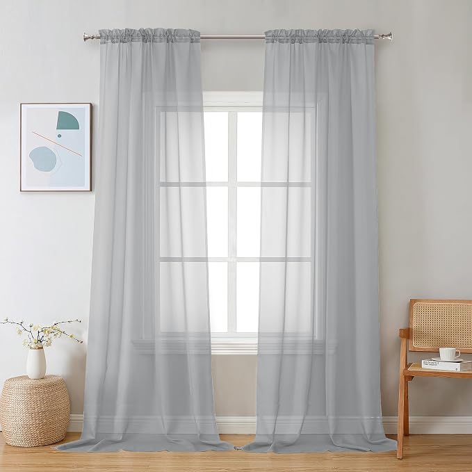 Chyhomenyc Light Grey Sheer Curtains 96 inches Long 2 Panels, Light Filtering by Chyhomenyc