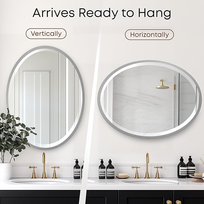 OVALCREST - Oval Wooden Beveled Wall Mirror for Home Decor, Bathroom, Vanity, Bedroom, Living Room, Hallway - London Style (Silver Spray) 25.1 x 31.1