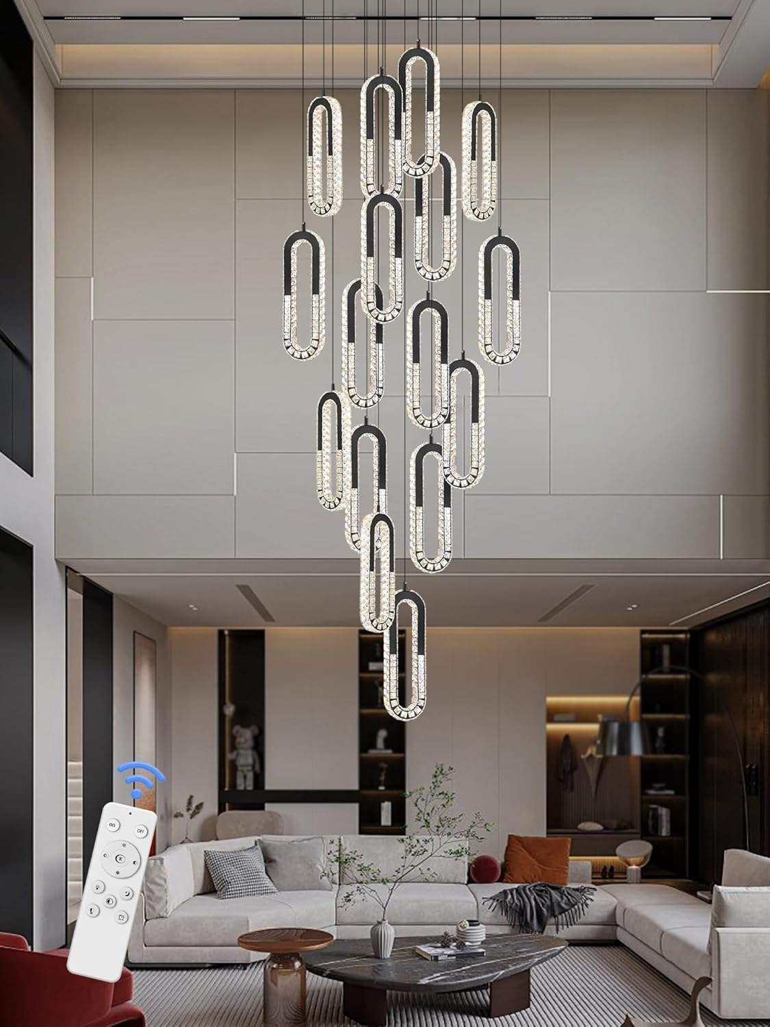 Large Staircase Crystal Chandeliers 16-Light Modern foyers Entrance 150" Long Chandeliers for High Ceilings Dimmable 2700K-6000K