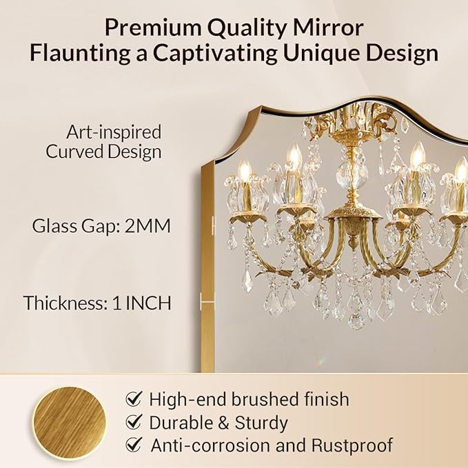 Gold Bathroom Mirror, 24"x40" Gold Asymmetrical Mirror with Scalloped Edge Design, Curved Mirror in Anti-Rust SUS304, Thin Metal Framed, 1" Deep Wall Mounted Vertically/Horizontal