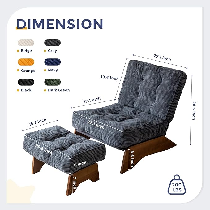 MAXYOYO Accent Chair with Ottoman Adjustable Backrest, Tufted Living Room Chair Upholstered Lounge Chair with Footrest Set, Modern Chair Cozy Reclining Chair for Reading Room, Dark Grey