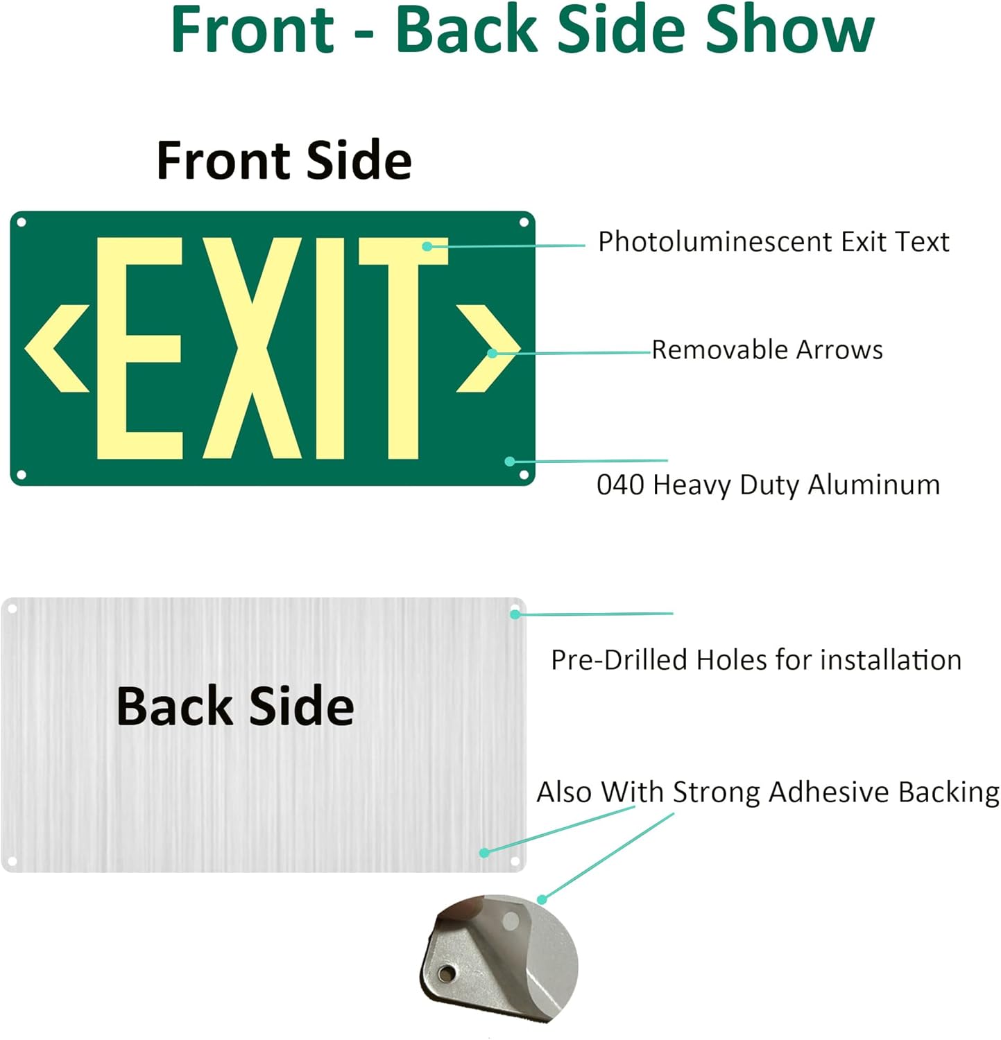 (2Pack) Photoluminescent Exit Sign, Glow In The Dark Aluminum Exit Sign Green - Adhesive Backing - 4pcs Removable Arrows Included - 14.25 x 7.5 Inches - Non Electrical Exit For 50 Feet Visibility