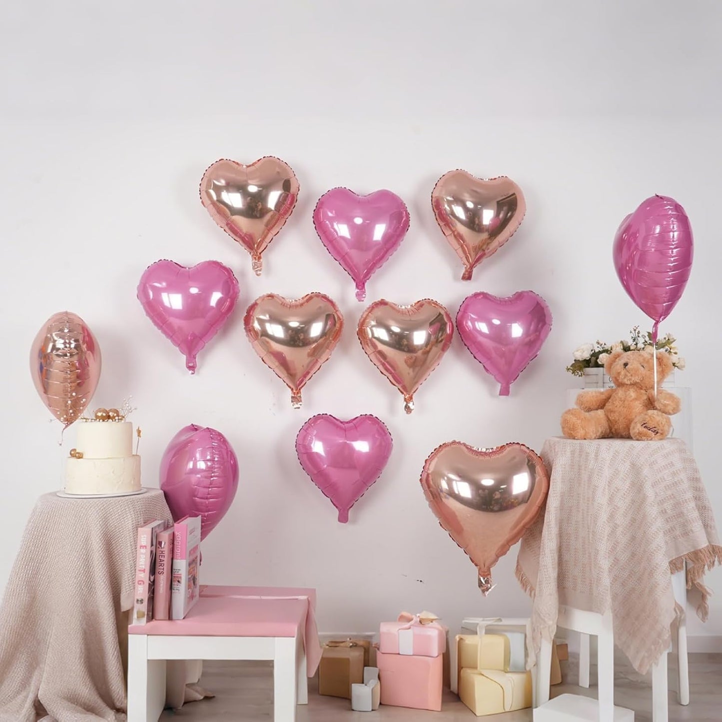 Rose Gold Pink Heart Balloons,12Pcs 18 Inch Pastel Pink Helium Foil Love Heart Shaped Balloons for Wedding Bridal Engagement Party Anniversary Birthday Baby Shower Valentines Day Decorations