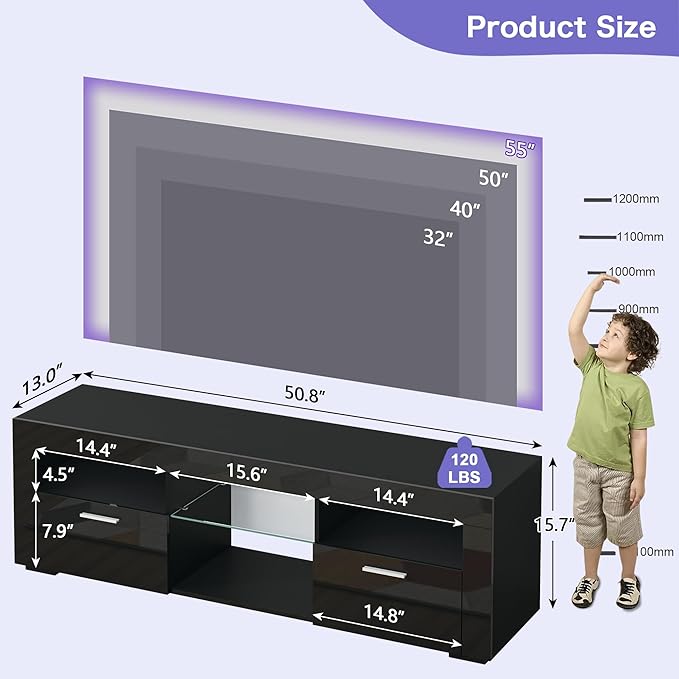 55" TV Stand for Living Room, High-Gloss Entertainment Center for 55 Inch TV, Spacious Storage Cabinet for Living Room & Bedroom (Black)