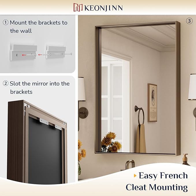 Keonjinn 42 x 36 Inch Brushed Bronze Bathroom Mirror, Rectangle Framed Vanity Mirror for Wall, Large, Modern Farmhouse, Square Corner Bronze Mirrors(Horizontal/Vertical)