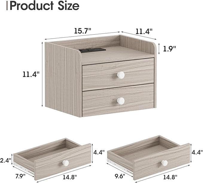 Floating Nightstand Set of 2 with 2 Storage Drawers and Charging Station Wood Wall Mounted Bedside End Table Modern Night Stands Set 2 for Bedroom,Small Space,Grey