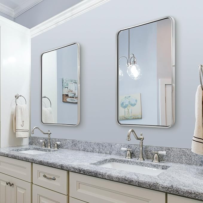 ANDY STAR Chrome Bathroom Mirror, 22x30’’ Rounded Rectangle Polished Nickel Mirror for Vanity, SUS304-Anti-Rust, Wall-Mounted Vertical/Horizontal 1’’ Deep