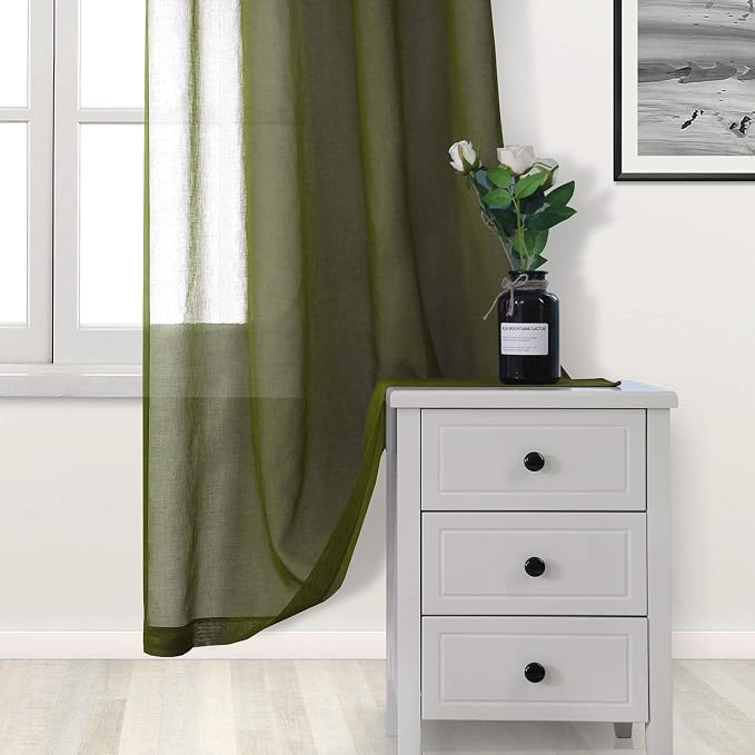 DWCN Olive Green Sheer Curtains Semi Transparent Voile Rod Pocket Curtains - Image 3