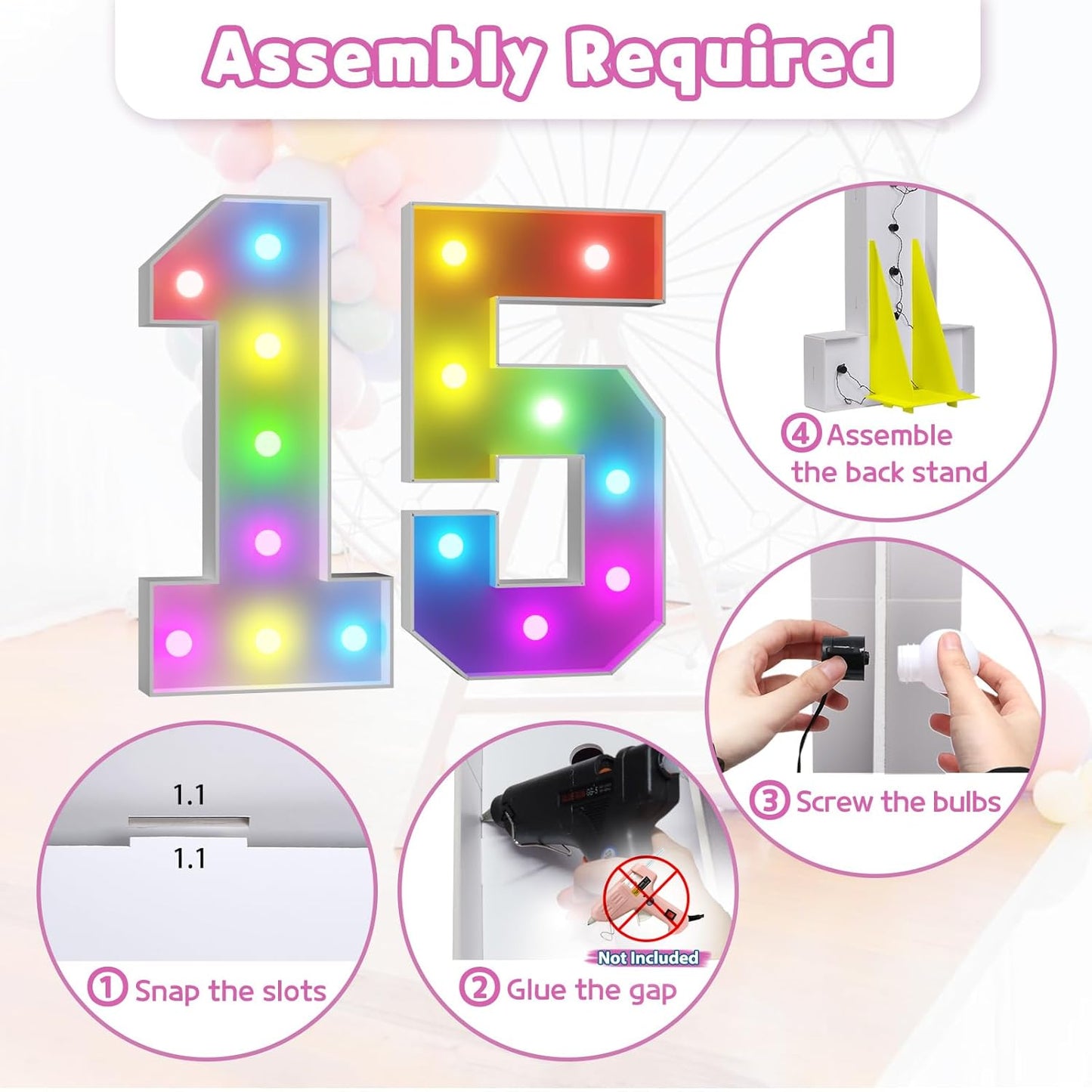 Marquee Numbers 15th-Birthday Decoration: Colorful 3FT Large Light Up Quinceanera Birthday Decorations Anniversary Backdrop for Boys Girls Cardboard Sign 18 Colors Number 15 Mosaic Balloon Frame