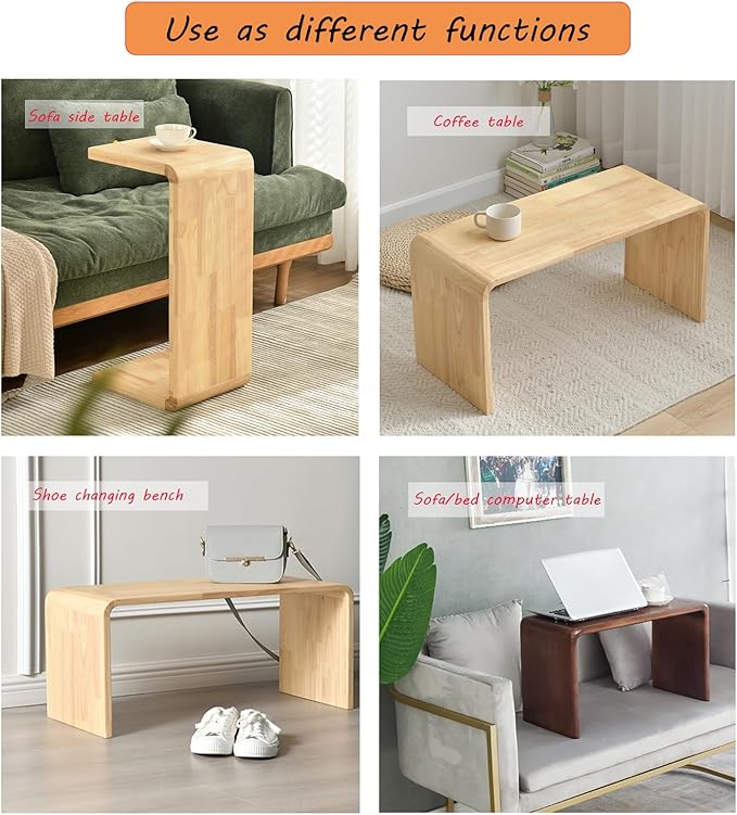 C Shaped End Table, Solid Wood C Side Table for Couch Sofa and Bed, Sofa Tables That Slide Under for Space Saving, Small Snack C Tables for Living Room Bedroom (H 27.2″ - Wood, 1)