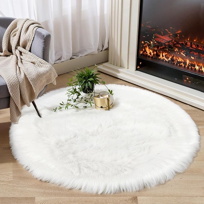 White Fluffy Round Fur Area Rug by CIICOOLHomeDeco