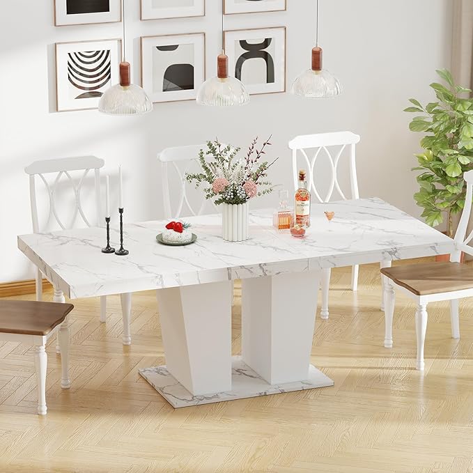 63"-78.7" Expandable Dining Table, 6-10 Farmhouse Kitchen Table, Extendable Console Table, Wooden Farmhouse Kitchen Table with Metal Track & Dual Column Base for Dining Room, Office-White