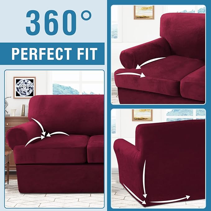 H.VERSAILTEX Sofa Cover 3 Piece T Cushion Loveseat Slipcovers Thick Velvet Couch Cover Furniture Protector Stretch T Cushion Sofa Covers for 2 Cushion Couch with 2 T Cushion Covers Washable, Burgundy