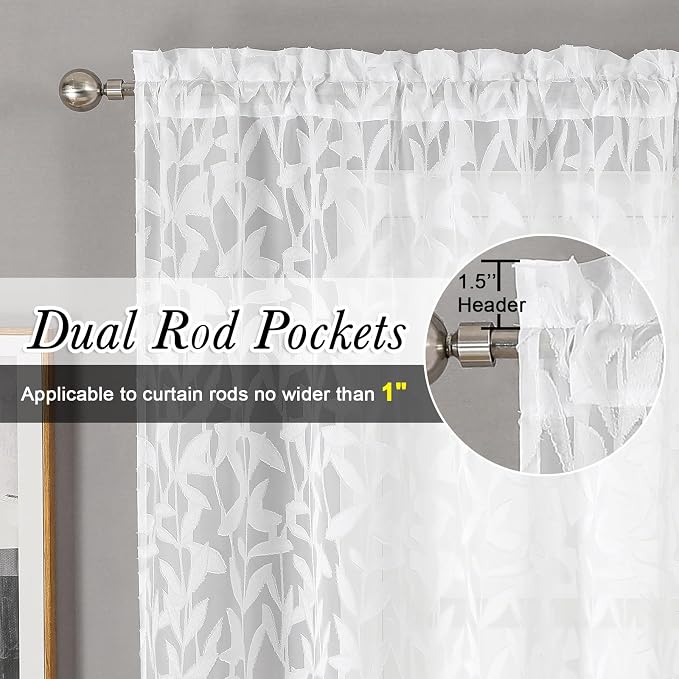 Lecloud Leia White Sheer Curtains 30 Inch Length 2 Pieces, Breathable Jacquard - Image 3