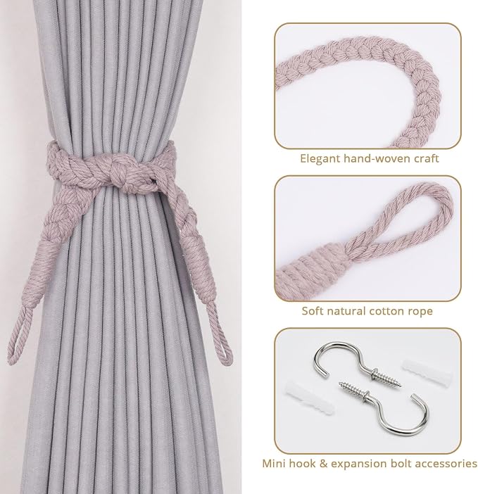 NICEEC 2 Pack Natural Cotton Rope Curtain Tiebacks Elegant Boho Style - Image 2