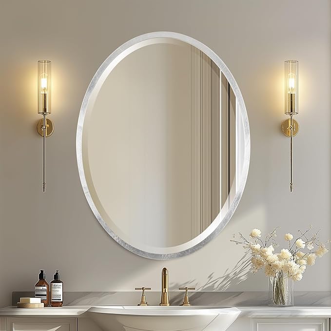 OVALCREST - Oval Wooden Beveled Wall Mirror for Home Decor, Bathroom, Vanity, Bedroom, Living Room, Hallway - London Style (Silver Leaf with Brown Antique) 31.1 x 41.1