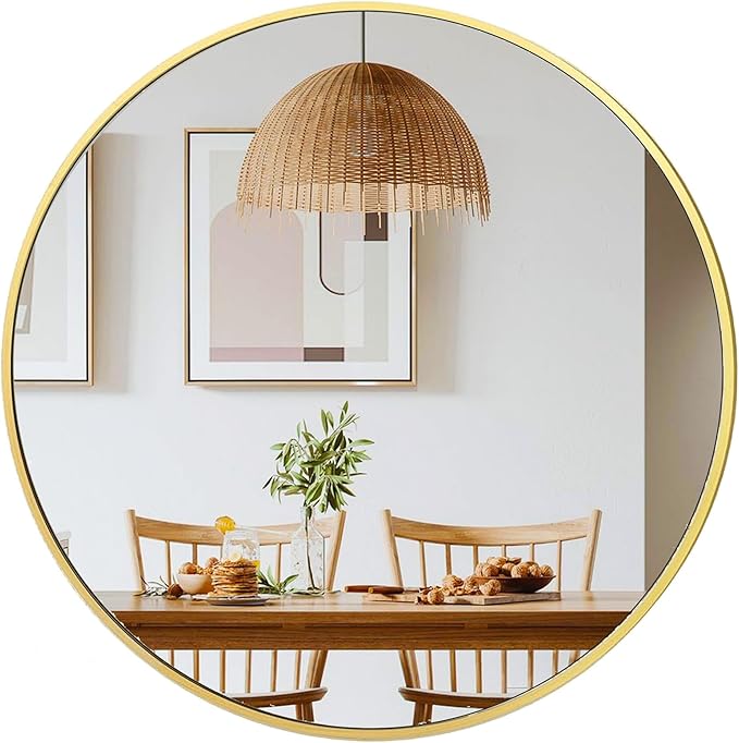 28 inch Gold Circle Wall Mirror, Brushed Brass Golden Metal Framed Round Mirror for Bathroom Vanity, Bedroom Decor, Living Room, Entryway