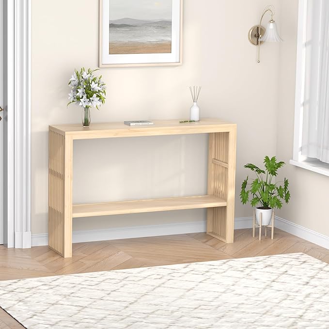 Bamboo Wood Entryway Table 47.2" Console Table, 2-Tier Farmhouse Narrow Sofa Table with Grille-Inspired Sides Easy Assembly for Entrance, Hallway, Living Room, Bedroom, Foyer(Natural)