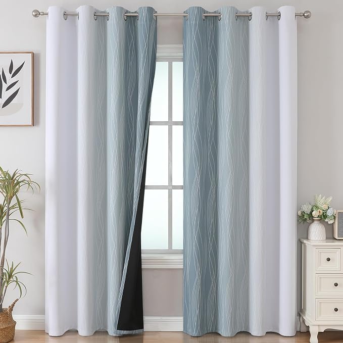 Estelar Textiler Stone Blue and Grayish White Blackout Curtains 108 Inches Long - Image 2