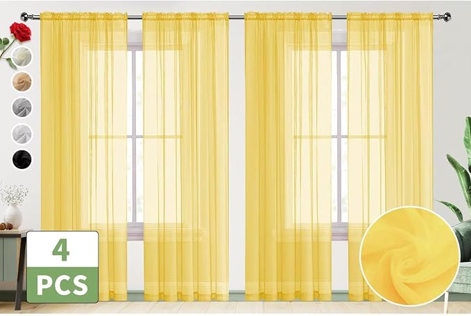 SpaceDresser Yellow Sheer Curtains 4 Panels Rod Pocket Semi-Sheer Curtain 108 - Image 2