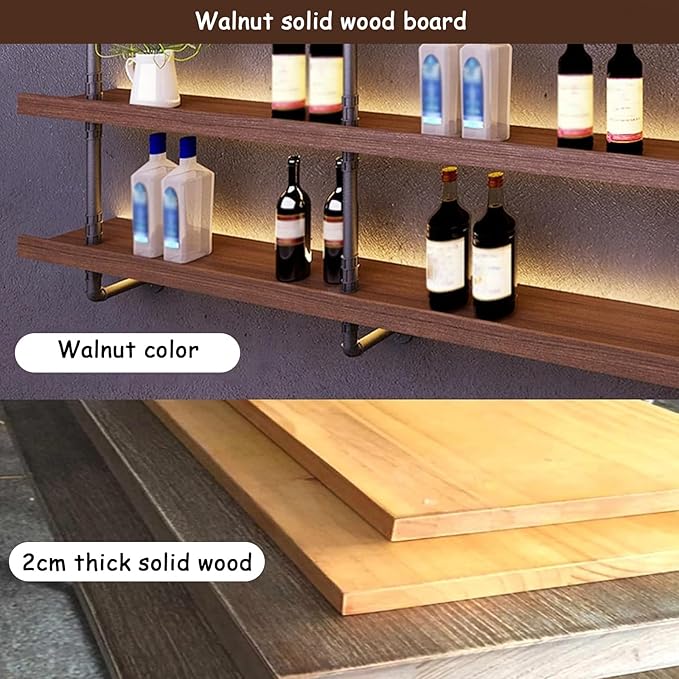 62.9in Large Wine Rack with LED Light Solid Wood Wall Mounted Wine Rack, 3-Tiers Liquor Bottles Floating Shelves Display Storage Organizer for Home Bar & Dining Room (160cm/62.9in)