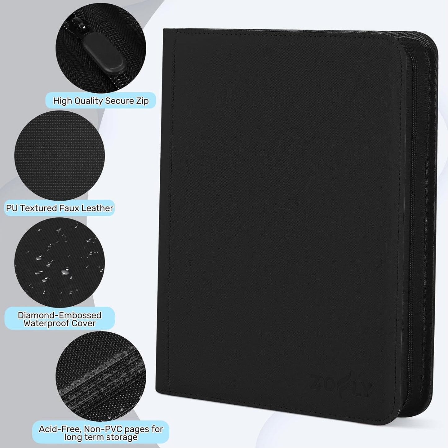 Trading Card Binder 9 Pocket, Zofly Zipper Card Collection Binder Album, Sturdy 540 Side-Loading Card Folder Holder for MTG, TCG, Sports Cards, Game Cards, Black