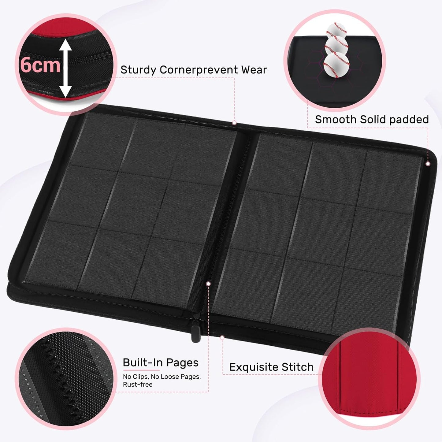 9 Pocket Trading Card Zip Binder, 540 Cards, Premium Baseball Card Storage Album, 30 Side-Loading Pages, Folder for Collectible Games, Sports, TCG, Red