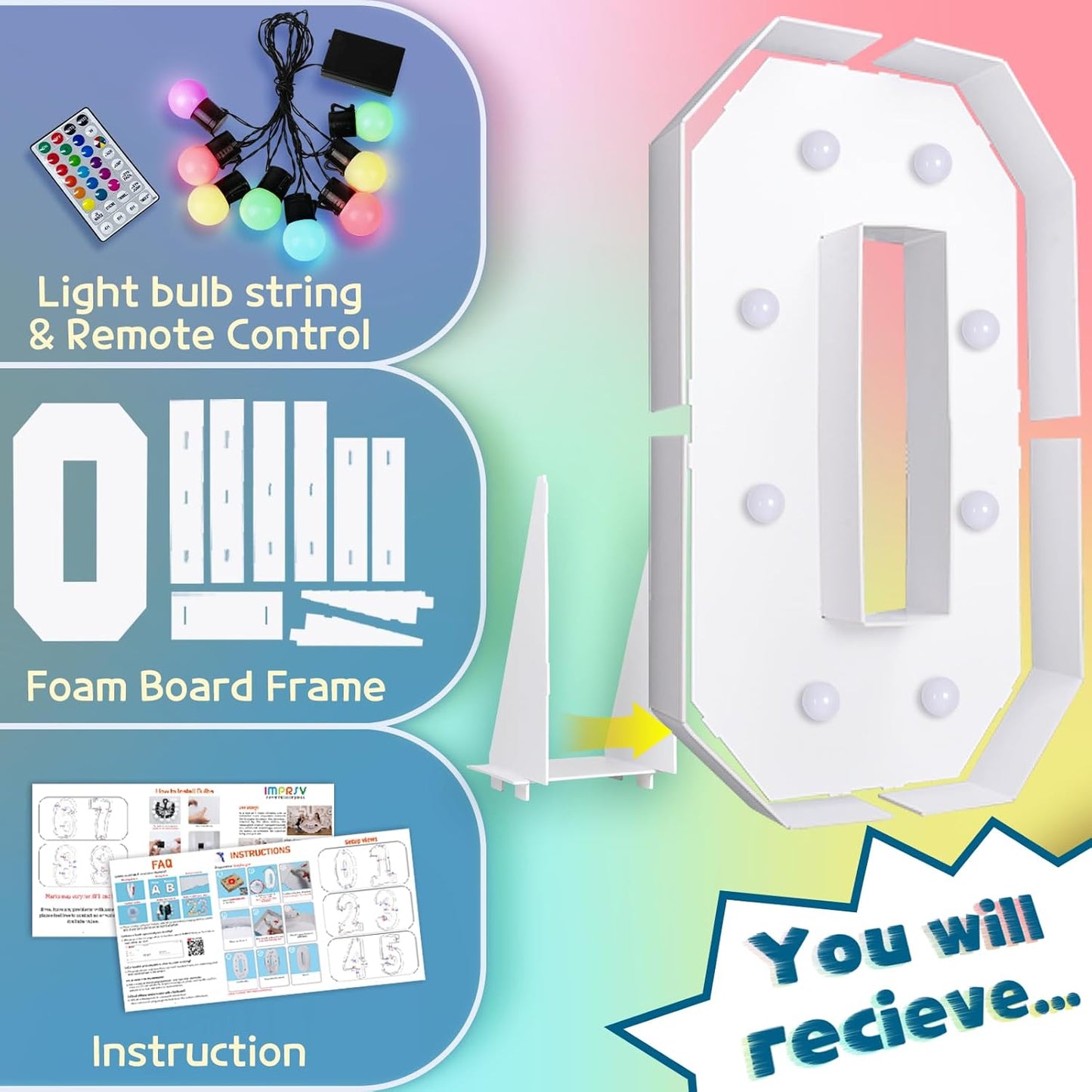 imprsv 3FT Colorful Marquee Light Up Letters O, 18 Color Light Up Alphabet Sign with Remote, Baby & Large Letters for Baby Shower, Birthday, Engagement, Wedding Party Decor