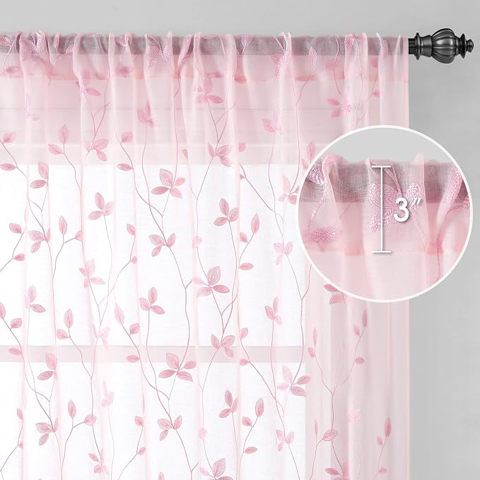 HOMEIDEAS Pink Sheer Curtains 52 X 84 Inches Length 2 Panels Embroidered Vine - Image 5