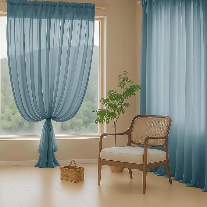 Dusty Blue Sheer Curtains 90 Inches Long 2 Panels, Light Filtering Solid Sheer - Image 8