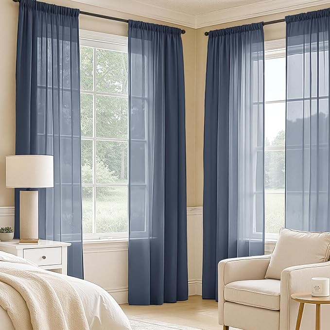 MIULEE Navy Blue Sheer Curtains 63 Inches Long, 4 Panels Set, Light Filtering - Image 2