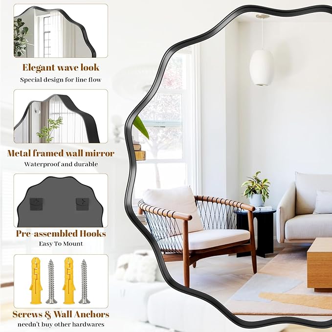Round Wavy Mirror, 30 Inch Metal Frame Circle Mirror, Round Wall Mounted for Entryway, Bathroom, Vanity, Living Room, Black