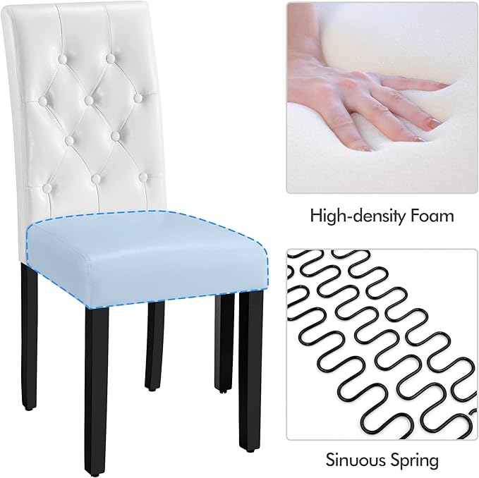 Yaheetech Dining Chairs Set of 6 Modern Style Faux Leather Dining Room Chairs with Solid Wood Legs and Button Tufted Padded for Home Kitchen, White