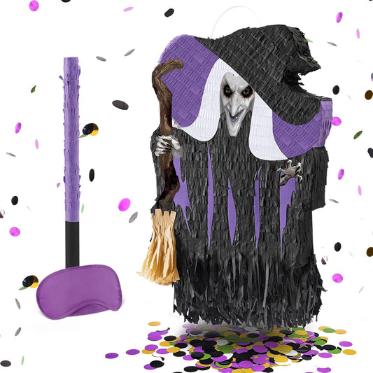 WERNNSAI Halloween Witch Pinata - Halloween Witch Party Game Hallow-een Party Decorations for Kids Birthday Decor Favor Scary Hallow-een Decorations Hallows Eve Supply with Bat Blindfold