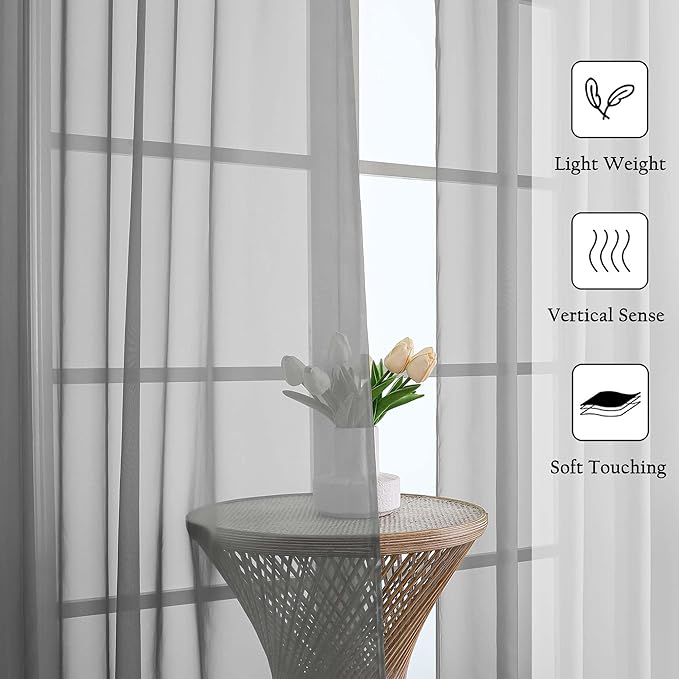 Lecloud Charcoal Grey Sheer Curtains 120 Inches Long 2 Pcs, Light Filtering Rod - Image 2