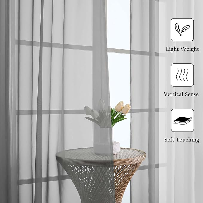 Lecloud Charcoal Grey Sheer Curtains 90 Inches Long 2 Panels Set, Dual Rod - Image 2