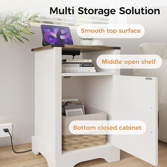 RoyalCraft Nightstand Set of 2, White End Table with Charging Station, Tall Farmhouse Bedside Table with Large Storage and Shelf, Wooden Side Table with for Bedroom, Home Office, White and Rustic Oak