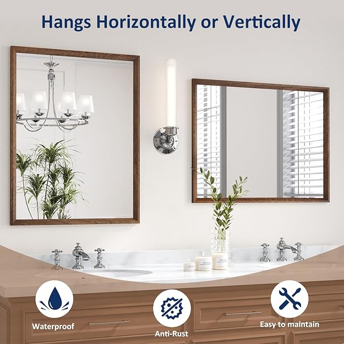 WEER Walnut Framed Mirror for Bathroom, 36x30 Inch Wall Mounted Mirror, Wood Grain Framed Vanity Mirror, Farmhouse Bathroom Mirror, Tempered Glass, Vertically or Horizontally, Anti-Rust