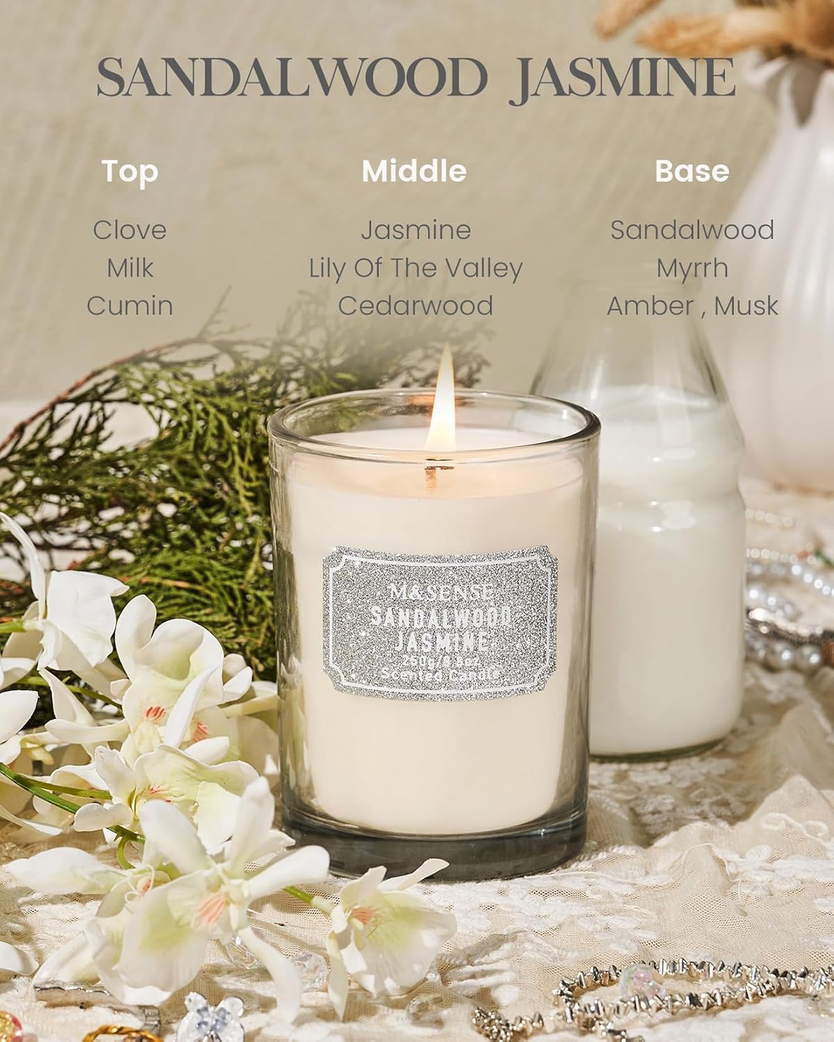 M&SENSE Sandalwood Jasmine Scented Candles, Classic Size 8.8 oz Glitter Jar, Holiday Natural Candles Gifts for Women, 50 Hours Long Burning for Winter Home Decor