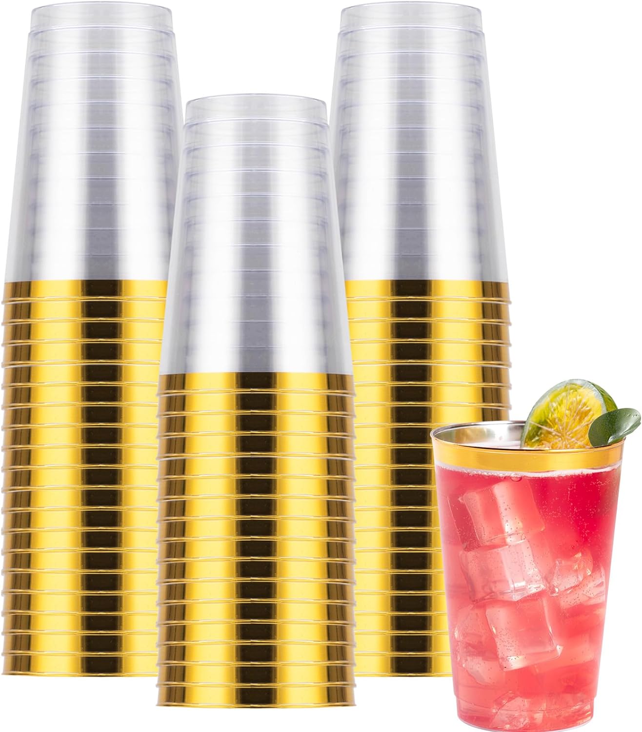 Goodluck 50PCS 14oz Gold Plastic Cups for Party, Disposable Gold Rim Cups, Plastic Cocktail Glasses for Wedding Thanksgiving, Christmas, and Parties