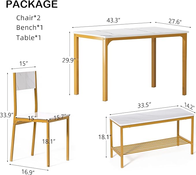 SogesHome Kitchen Table Set for 4, Compact Dining Table Chair Set with Bench, 4 Piece Table with Built-in Storage Racks, Metal Frame, for Apartment, Restaurant, Gold