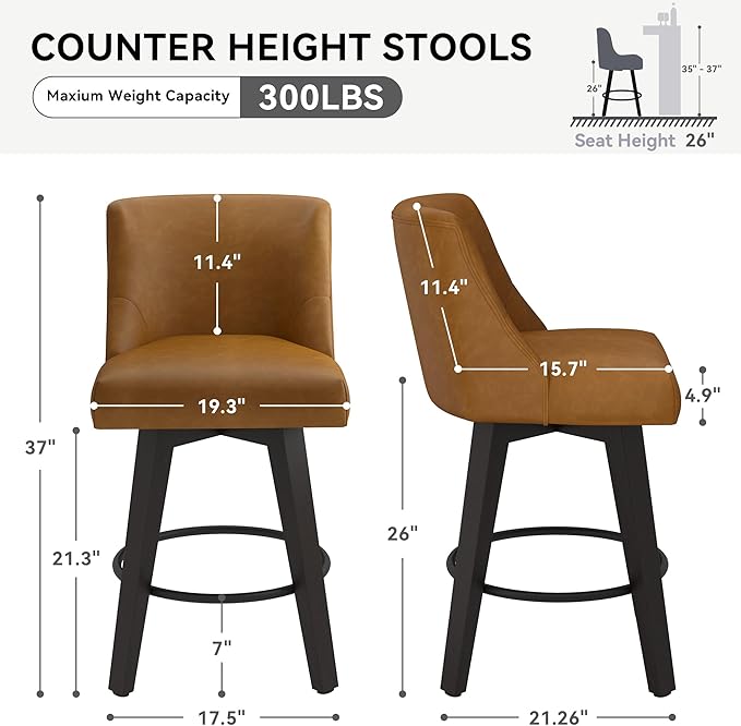 Counter Height Swivel Bar Stools Set of 4, 26 Inch Bar Stools with Footrest, Faux Leather Upholstered Barstools with Back and Solid Wood Legs for Kitchen Island, Dining Room,Pub,Brown