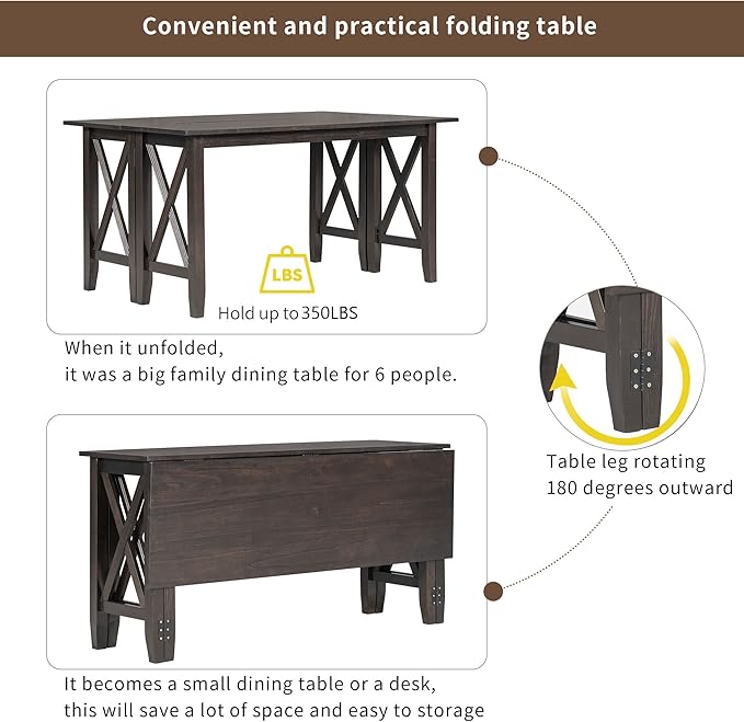 Ball & Cast 6-Piece Dining Table Set, 60" Wood Dining Kitchen Table & Chairs Set, Rectangular Dining Room Foldable Table with 4 Upholstered Chairs & 1 Bench,Perfect for Dining Room, Kitchen, Espresso